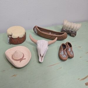 Ceramic Southwestern Miniatures DecorHat, Moccasins, Canoe, Drum, Wagon, Skull